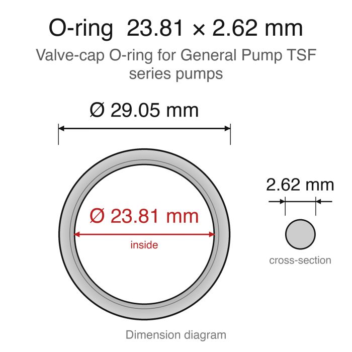 90385700 - O-Ring, TSF Valve Cap (23.81 x 2.62mm) - dimension diagram (23.81 x 2.62 mm)