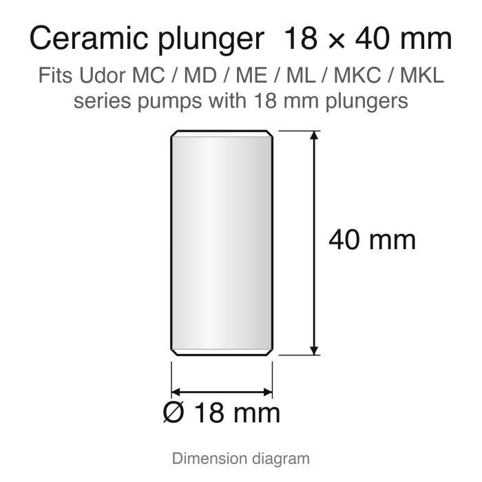 Ceramic plunger dimension diagram, 18 x 40 mm (Udor Set Dolly U30): Udor MC / MD / ME / ML / MKC / MKL series replacement plunger set (ZX.0883-3), 3-pack