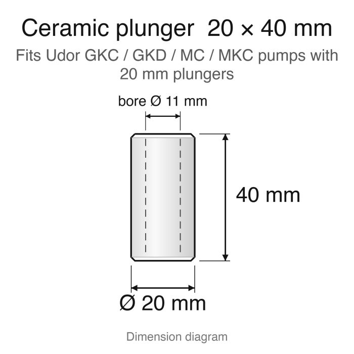 Ceramic plunger dimension diagram, 20 x 40 mm with 11 mm bore: Udor GKC / GKD / MC / MKC (20 mm plunger) replacement plunger set (ZX.0884-3), 3-pack