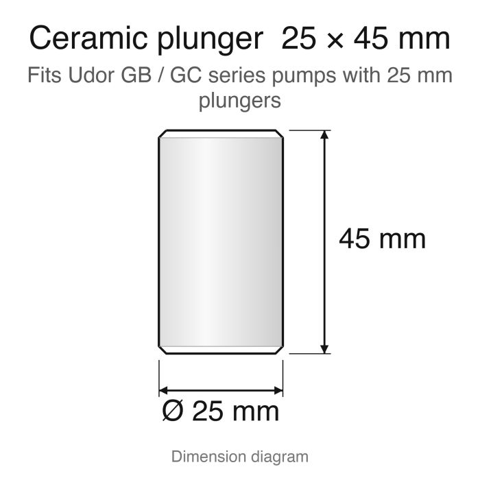 Ceramic plunger dimension diagram, 25 x 45 mm (Set Dolly U33): Udor GB / GC series replacement plunger set (ZX.0886-3), 3-pack