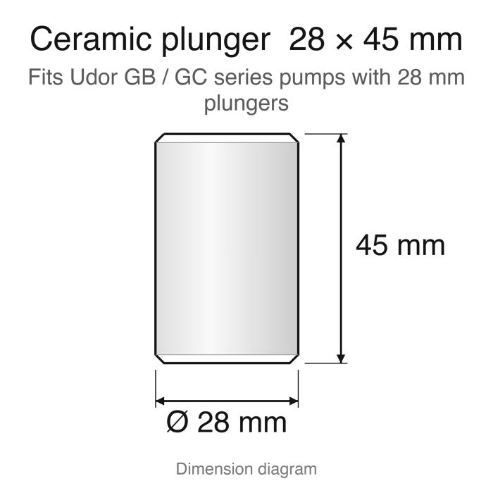 Ceramic plunger dimension diagram, 28 x 45 mm (Set Dolly U34): Udor GB series replacement plunger set (ZX.0887-3), 3-pack
