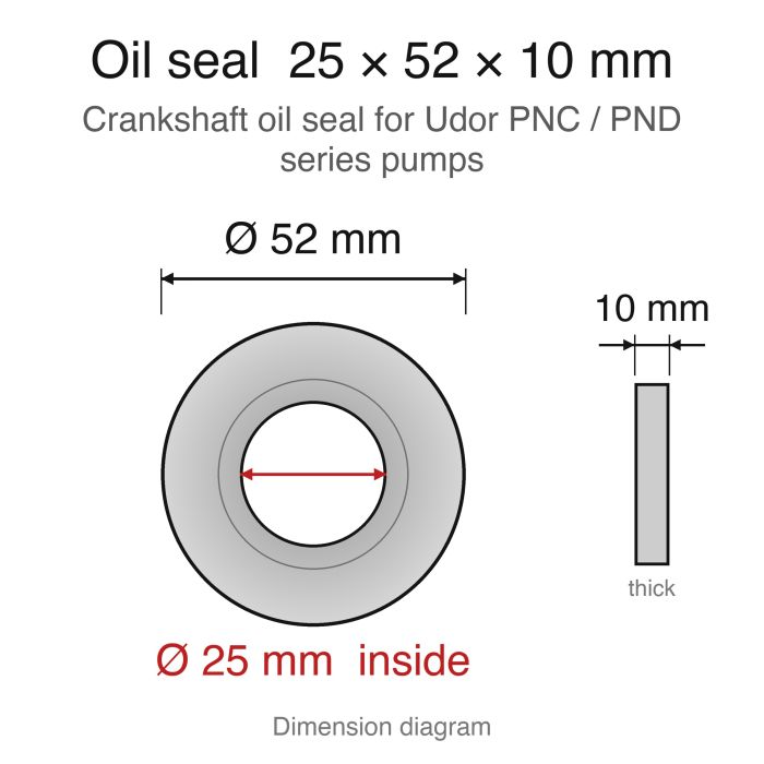 Udor PNC/PND Series Replacement - Crankshaft Oil Seal (25x52x10mm) - dimension diagram (25 x 52 x 10 mm)