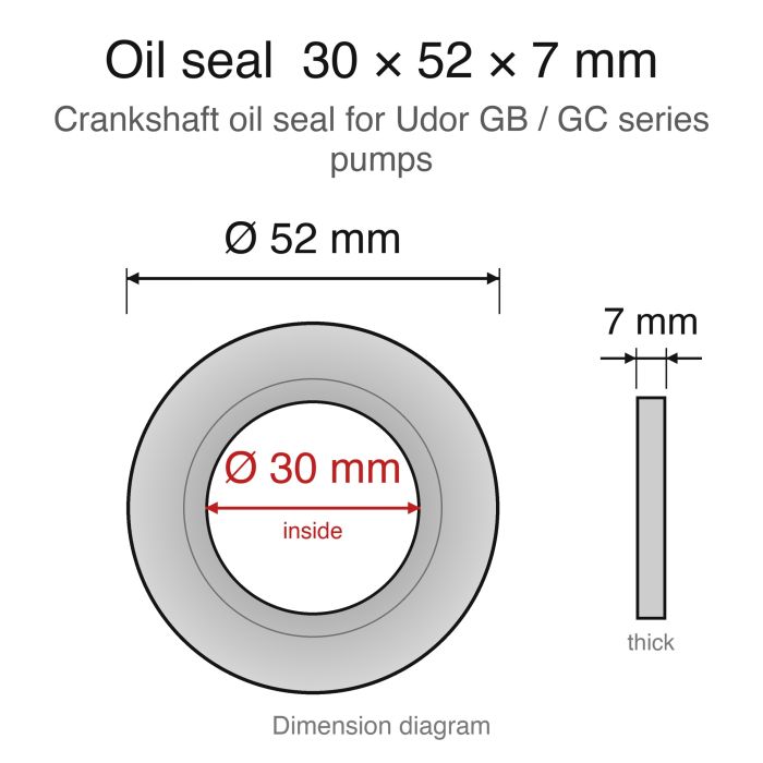 Udor GB/GC Series Replacement - Crankshaft Oil Seal (30x52x7mm) - dimension diagram (30 x 52 x 7 mm)