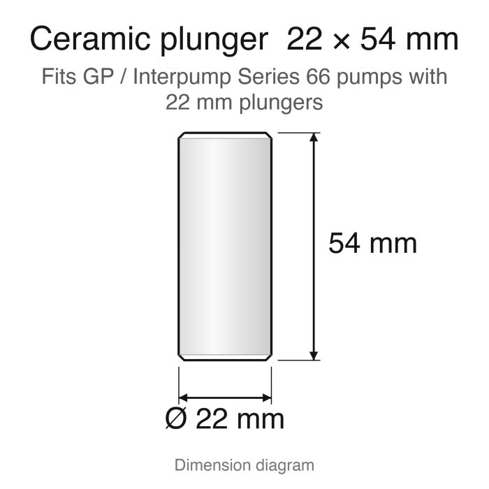 Ceramic plunger dimension diagram, 22 x 54 mm: General Pump 66040109 / Series 66 replacement plunger set (ZX.P22X54), 3-pack