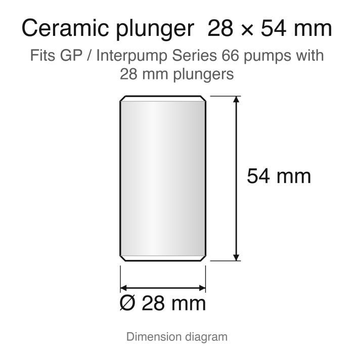 Ceramic plunger dimension diagram, 28 x 54 mm: General Pump / Interpump Series 66 replacement plunger set (ZX.P28X54), 3-pack