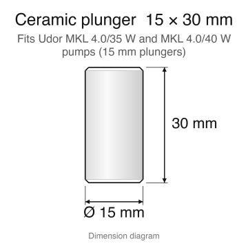 Ceramic plunger dimension diagram, 15 x 30 mm (Udor Set Dolly U35): Udor MKL series replacement plunger set (ZX.0880-3), 3-pack