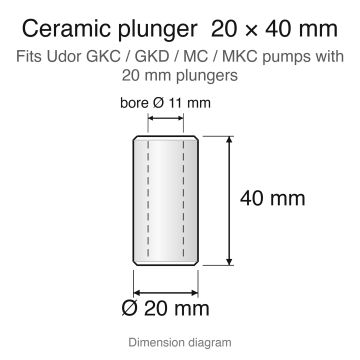 Ceramic plunger dimension diagram, 20 x 40 mm with 11 mm bore: Udor GKC / GKD / MC / MKC (20 mm plunger) replacement plunger set (ZX.0884-3), 3-pack
