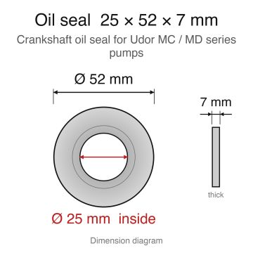 Udor MC/MD Series Replacement - Crankshaft Oil Seal (25x52x7mm) - dimension diagram (25 x 52 x 7 mm)