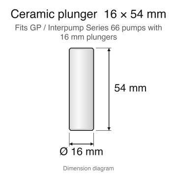 Ceramic plunger dimension diagram, 16 x 54 mm: General Pump / Interpump Series 66 replacement plunger set (ZX.P16X54), 3-pack